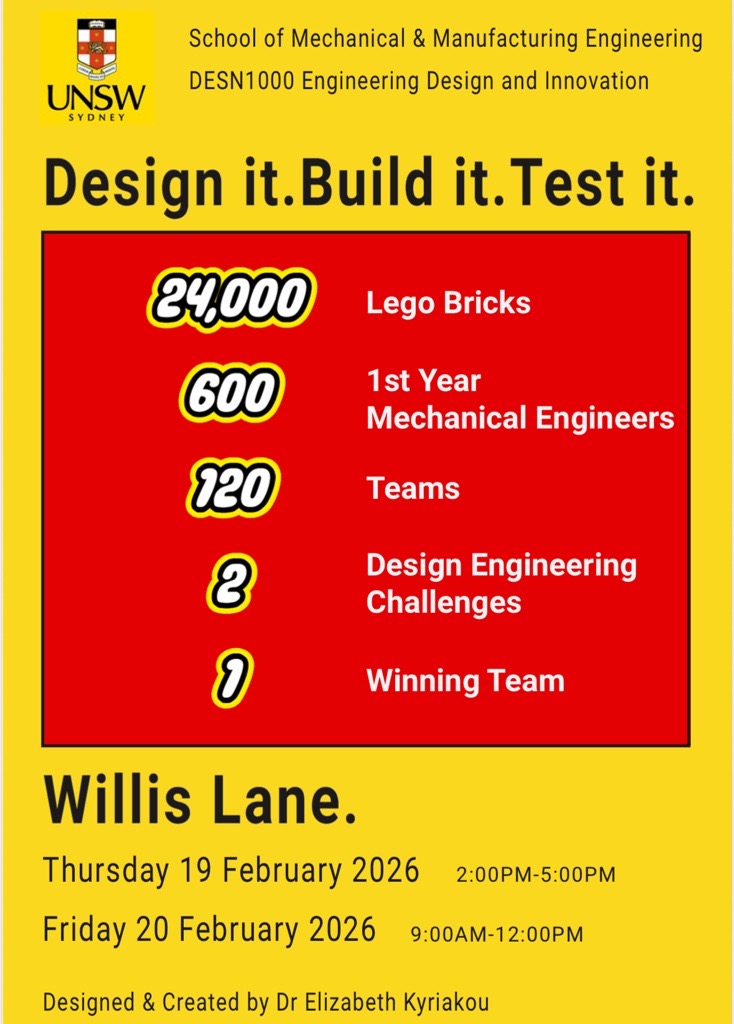 Design it. Build it. Test it. - DESN1000 Engineering Design Competition at Willis Lane, February 19-20, 2026